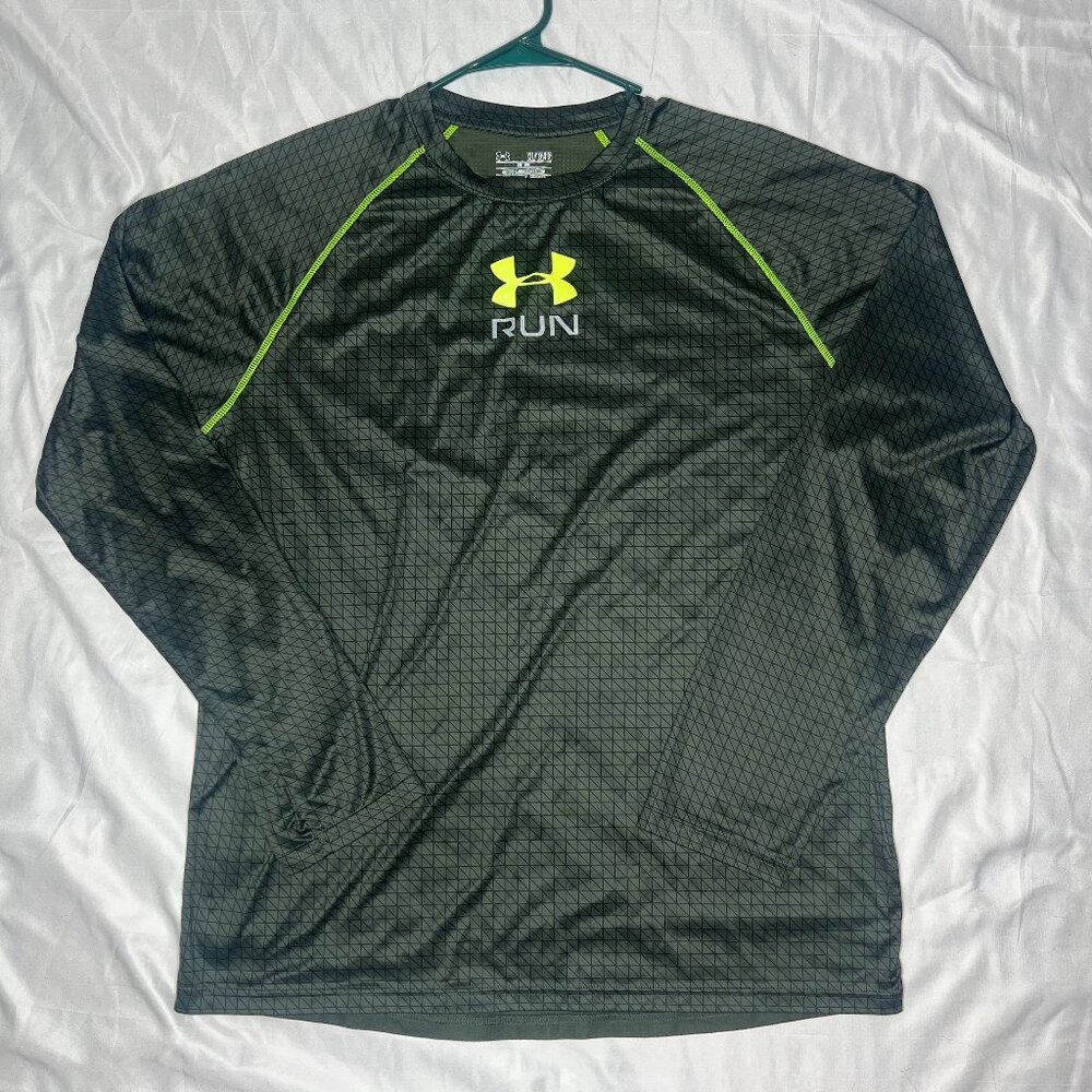 Mens XL Under Armour Heat Gear Fitted Workout Long-Sleeve Shirt Army&Lime Green